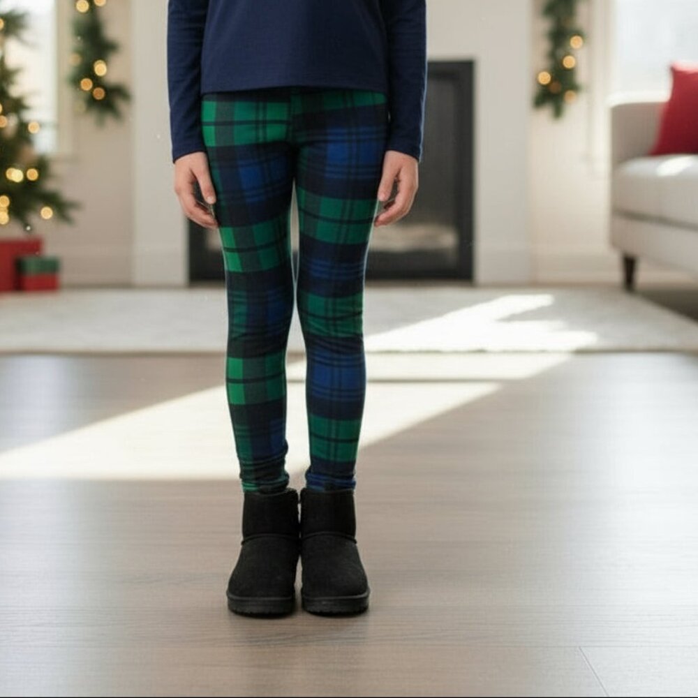 S/L NEW Girls Green Plaid St Patrick Day Leggings, Kids Yoga Pants